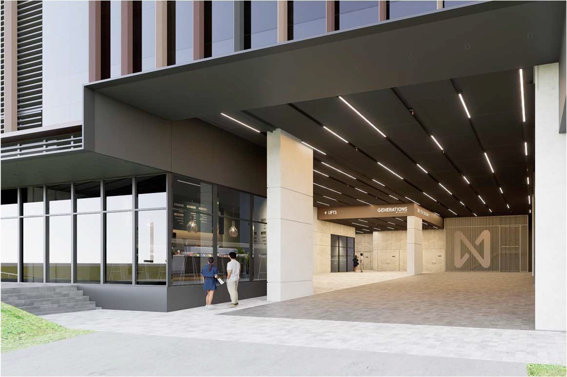 Grand lift lobby with six KONE lifts at Generations @ Tannery